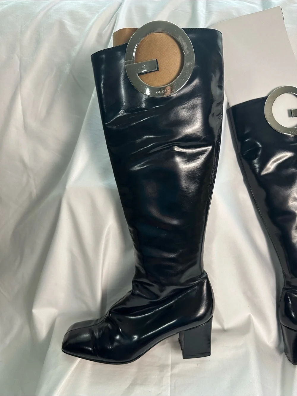 Gucci Black Patent Knee High Boots Made In Italy